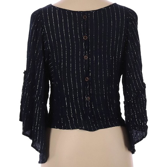 Sienna Sky NEW Blouse Top Back Buttons Metallic Lurex Stripe Dark NAVY Women's - Picture 2 of 16